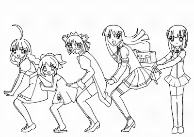 A Black And White Drawing Of A Group Of Anime Girls Standing Next To Each Other GIF