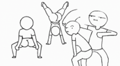 A Black And White Drawing Of A Group Of People Doing A Handstand And Sitting Down . GIF