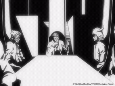 A Black And White Drawing Of A Group Of People Sitting Around A Table With The Words " The Robo Samurai " At The Bottom GIF