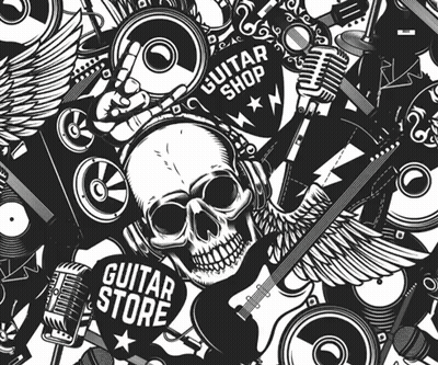 A Black And White Drawing Of A Guitar Shop With A Skull Wearing Headphones And A Guitar GIF