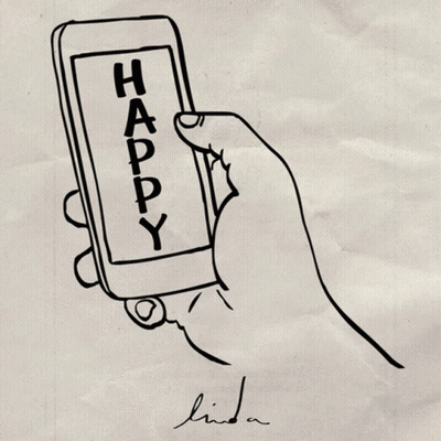 A Black And White Drawing Of A Hand Holding A Cell Phone That Says Happy GIF