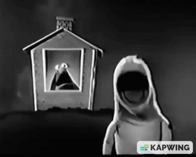A Black And White Drawing Of A House And A Ghost With Kapwing Written On The Bottom GIF