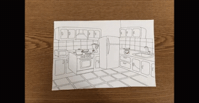 A Black And White Drawing Of A Kitchen With A Refrigerator GIF