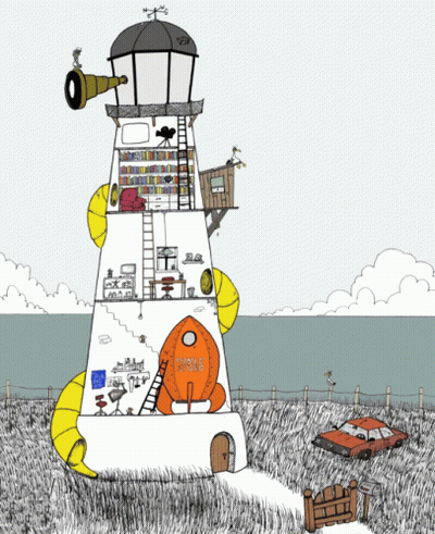 A Black And White Drawing Of A Lighthouse With A Rocket On Top GIF