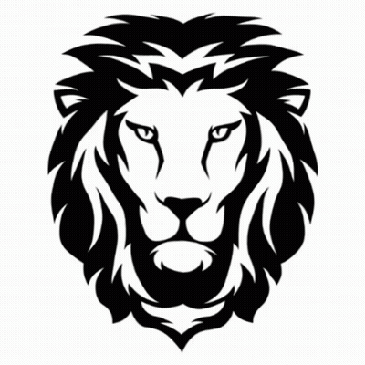 A Black And White Drawing Of A Lion 'S Head With The Name Magu Below It GIF