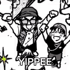 A Black And White Drawing Of A Man And A Boy With Their Arms In The Air And The Words `` Yippee '' . GIF