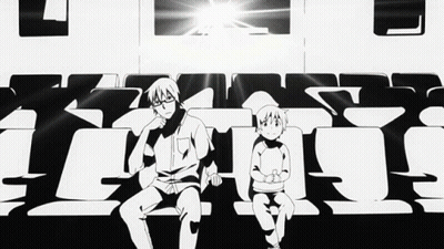 A Black And White Drawing Of A Man And A Child Sitting In A Theater GIF