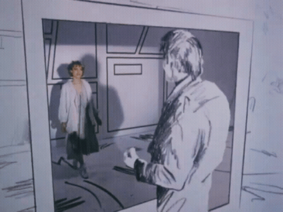 A Black And White Drawing Of A Man And A Woman In A Room GIF