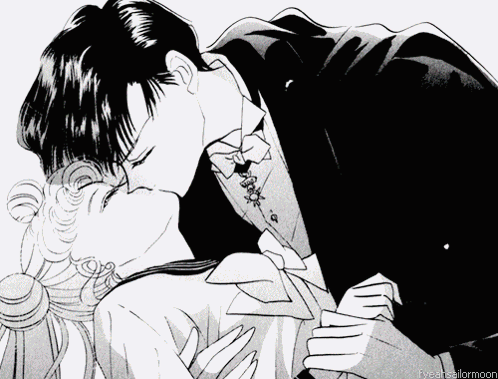 A Black And White Drawing Of A Man And A Woman Kissing With The Words Fiveetsailormoon At The Bottom GIF