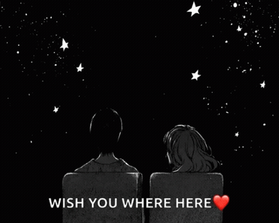 A Black And White Drawing Of A Man And A Woman Looking At The Stars With The Words Wish You Where Here Above Them GIF