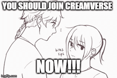 A Black And White Drawing Of A Man And A Woman With A Caption That Says You Should Join Creamverse Now !! GIF