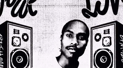 A Black And White Drawing Of A Man And Speakers With The Word Music On The Bottom Right GIF