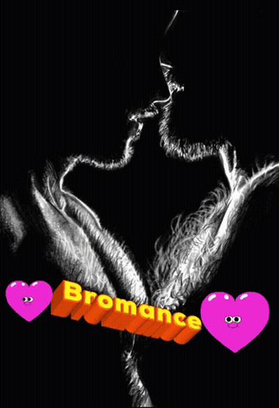 A Black And White Drawing Of A Man And Woman Kissing With The Word Bromance On The Bottom Right GIF