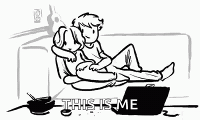 A Black And White Drawing Of A Man And Woman Sitting On A Couch With A Laptop . GIF