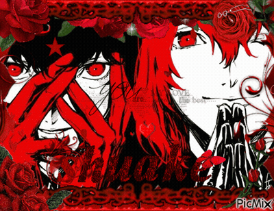 A Black And White Drawing Of A Man And Woman With Red Eyes And Red Roses And The Word Picmix At The Bottom GIF