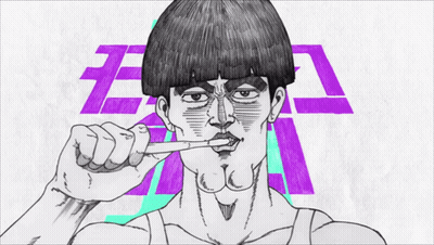 A Black And White Drawing Of A Man Brushing His Teeth With A Purple Letter E In The Background GIF