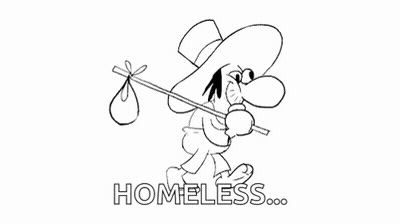 A Black And White Drawing Of A Man Carrying A Bag And The Words Homeless Below Him GIF
