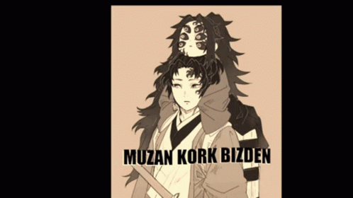 A Black And White Drawing Of A Man Carrying Another Man On His Shoulders With The Words Muzan Kork Bizden Written Below  GIF