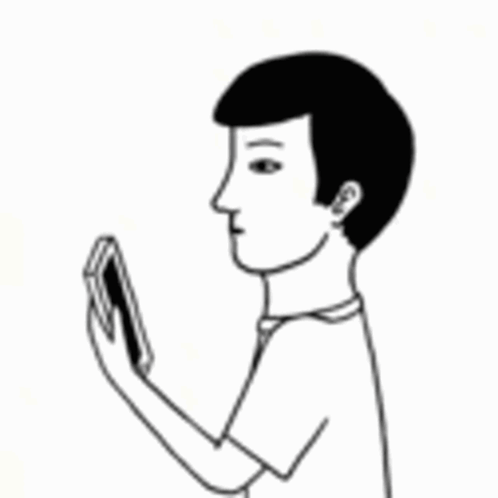 A Black And White Drawing Of A Man Covering His Mouth While Holding A Cell Phone GIF