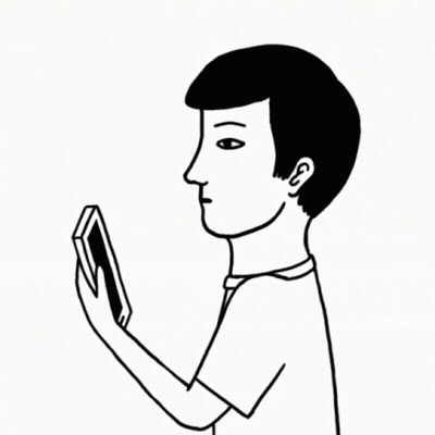 A Black And White Drawing Of A Man Covering His Mouth With His Hand While Looking At A Cell Phone GIF