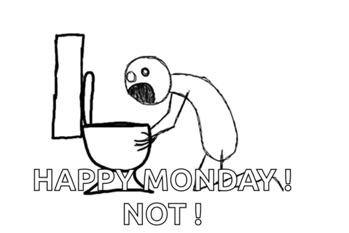 A Black And White Drawing Of A Man Drinking From A Cup With The Words Happy Monday Not GIF