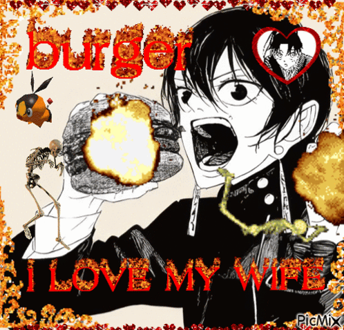 A Black And White Drawing Of A Man Eating A Hamburger With The Words I Love My Wife Below Him GIF