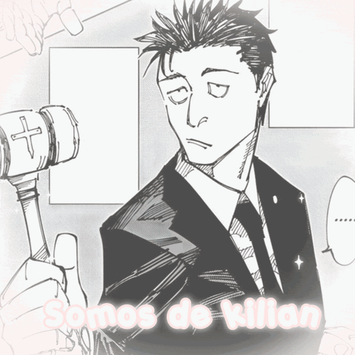 A Black And White Drawing Of A Man Holding A Gavel With The Words Somos De Killian On The Bottom GIF