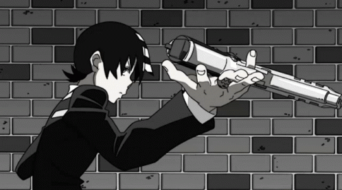A Black And White Drawing Of A Man Holding A Gun GIF