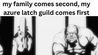 A Black And White Drawing Of A Man Holding A Gun With The Words My Family Comes Second My Azure Latch Guild Comes First GIF