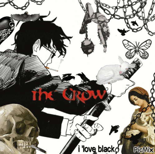 A Black And White Drawing Of A Man Holding A Sword With The Words The Crow Written On It GIF