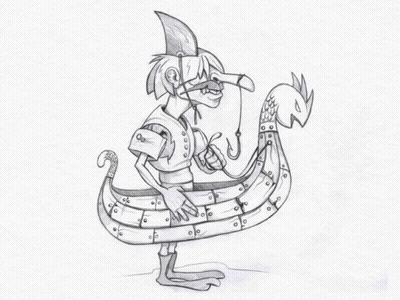 A Black And White Drawing Of A Man In A Boat With A Shark On His Head GIF