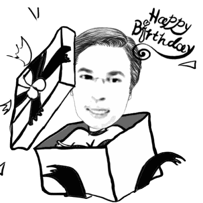 A Black And White Drawing Of A Man In A Gift Box With The Words Happy Birthday Written On It Sticker