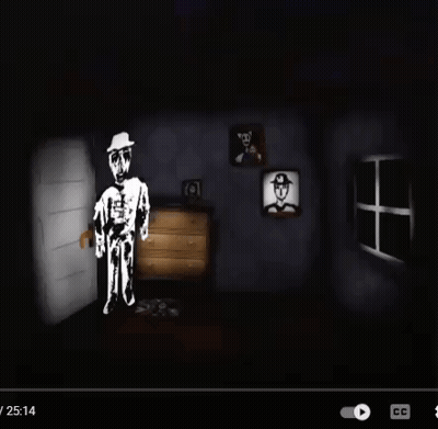 A Black And White Drawing Of A Man In A Hat In A Dark Room GIF