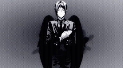 A Black And White Drawing Of A Man In A Suit With Wings GIF