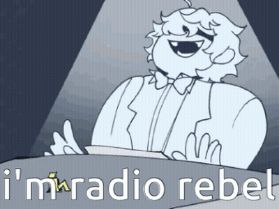 A Black And White Drawing Of A Man In A Tuxedo With The Words I 'M Radio Rebel Written Below Him GIF