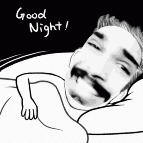 A Black And White Drawing Of A Man Laying In Bed With The Words " Good Night " Written Above Him GIF