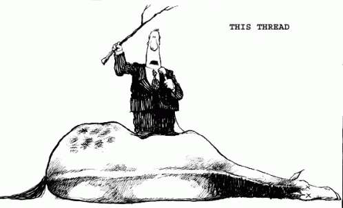 A Black And White Drawing Of A Man Riding On The Back Of A Dead Horse With The Caption This Thread GIF