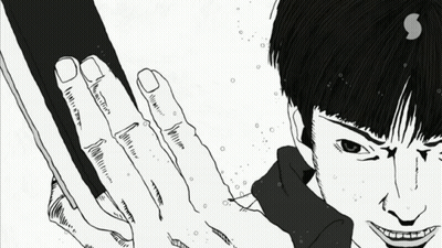 A Black And White Drawing Of A Man 'S Face And Fingers GIF