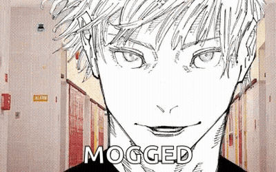 A Black And White Drawing Of A Man 'S Face In A Hallway With The Words Mogged Written On The Bottom . GIF