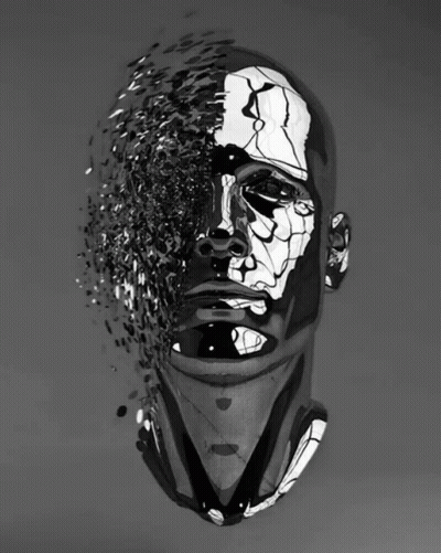 A Black And White Drawing Of A Man 'S Face That Is Breaking Apart GIF