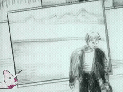 A Black And White Drawing Of A Man 'S Face With A Pink Unicorn In The Background . GIF