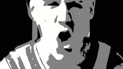 A Black And White Drawing Of A Man 'S Face With His Mouth Open GIF