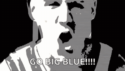 A Black And White Drawing Of A Man Screaming With The Words Go Big Blue !!! GIF