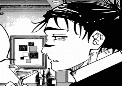 A Black And White Drawing Of A Man Sitting At A Table With A Martini Glass And Bottles . GIF