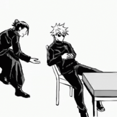 A Black And White Drawing Of A Man Sitting At A Table With Another Man Standing Next To Him . GIF