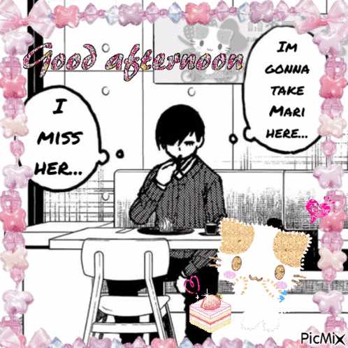 A Black And White Drawing Of A Man Sitting At A Table With The Words " Good Afternoon I Miss Her " GIF