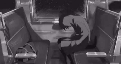 A Black And White Drawing Of A Man Sitting On A Bench GIF