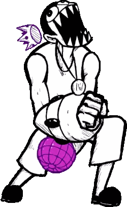 A Black And White Drawing Of A Man Sitting On A Purple Ball With A Medal Around His Neck . Sticker