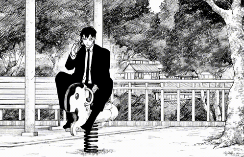 A Black And White Drawing Of A Man Sitting On A Seesaw Talking On A Cell Phone GIF