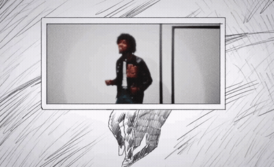 A Black And White Drawing Of A Man Standing In A Doorway GIF